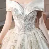 Chic / Beautiful Champagne Wedding Dresses 2018 Ball Gown Lace Flower Beading Crystal Sequins Off-The-Shoulder Backless Sleeveless Royal Train Wedding