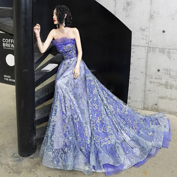 Glitzernden Meeresblau Abendkleider 2020 A Linie Bandeau Glanz Perlenstickerei Pailletten Ärmellos Rückenfreies Hof-Schleppe Festliche Kleider