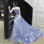 Glitzernden Meeresblau Abendkleider 2020 A Linie Bandeau Glanz Perlenstickerei Pailletten Ärmellos Rückenfreies Hof-Schleppe Festliche Kleider