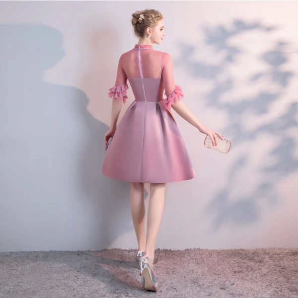 Chic / Beautiful Candy Pink Homecoming Graduation Dresses 2020 A-Line / Princess High Neck 1/2 Sleeves Knee-Length Formal Dresses
