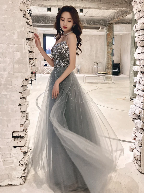 Glitzernden Sexy Silber Glanz Pailletten Abendkleider 2021 A Linie Bandeau Ärmellos Rückenfreies Lange Festliche Kleider