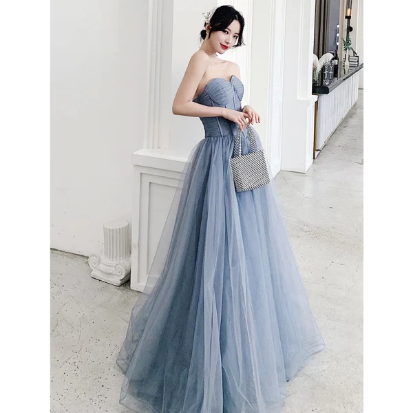 Classy Sky Blue Evening Dresses  2020 A-Line / Princess Strapless Sleeveless Backless Floor-Length / Long Formal Dresses