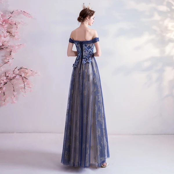 Élégant Bleu Marine Robe De Soirée 2020 Princesse Glitter De l'épaule Perlage En Dentelle Fleur Sans Manches Dos Nu Longue Robe De Ceremonie