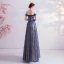 Élégant Bleu Marine Robe De Soirée 2020 Princesse Glitter De l'épaule Perlage En Dentelle Fleur Sans Manches Dos Nu Longue Robe De Ceremonie