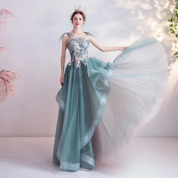 Moda Limonkowy Sukienki Wieczorowe 2020 Princessa Spaghetti Pasy Perła Rhinestone Z Koronki Kwiat Bez Rękawów Bez Pleców Kaskadowe Falbany Długie Sukienki Wizytowe