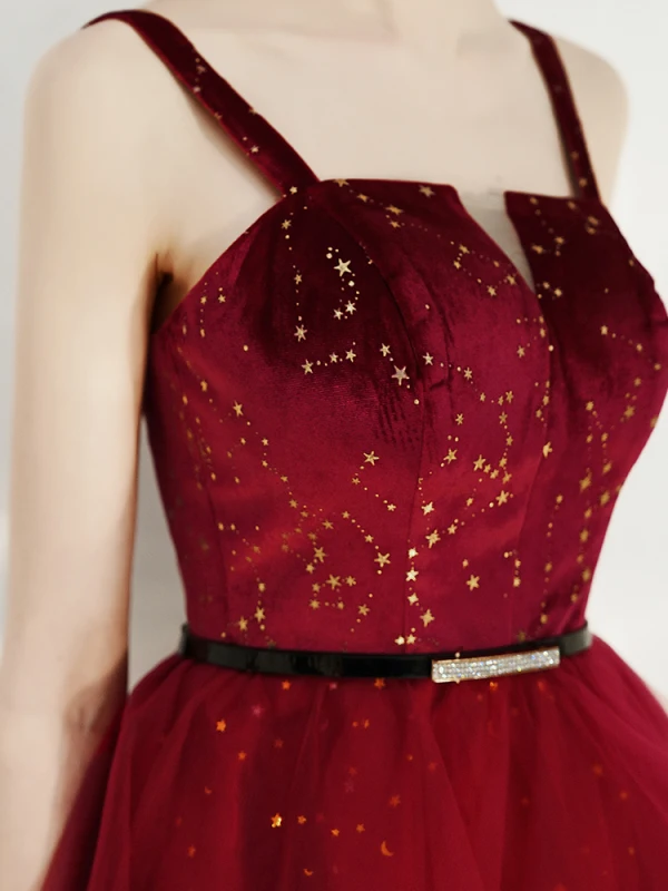 Fashion Burgundy Homecoming Graduation Dresses 2020 A-Line / Princess Suede Spaghetti Straps Star Sequins Rhinestone Sash Sleeveless Backless Asymmetrical Formal Dresses