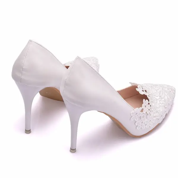 Affordable White Wedding Pumps 2020 Lace Flower 9 cm Stiletto Heels Pointed Toe Womens Shoes