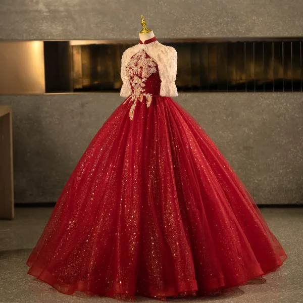 Bling Bling Burgundy Beading Pearl Sequins Flower Prom Dresses 2025 Ball Gown High Neck Short Sleeve Backless Floor-Length / Long Formal Dresses