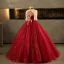Bling Bling Burgundy Beading Pearl Sequins Flower Prom Dresses 2025 Ball Gown High Neck Short Sleeve Backless Floor-Length / Long Formal Dresses