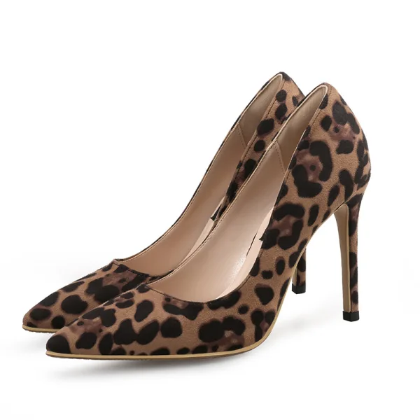 Chic / Beautiful Brown Street Wear Leopard Print Suede Pumps 2020 10 cm Stiletto Heels Pointed Toe Pumps