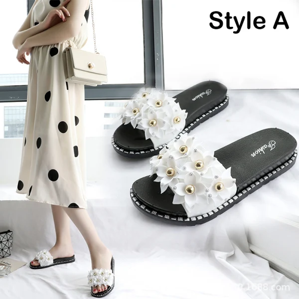 Abordable Rougissant Rose Désinvolte Plage Pantoufle & Tongs 2020 Fleur Perle Paillettes Peep Toes / Bout Ouvert Plate Chaussures Femmes