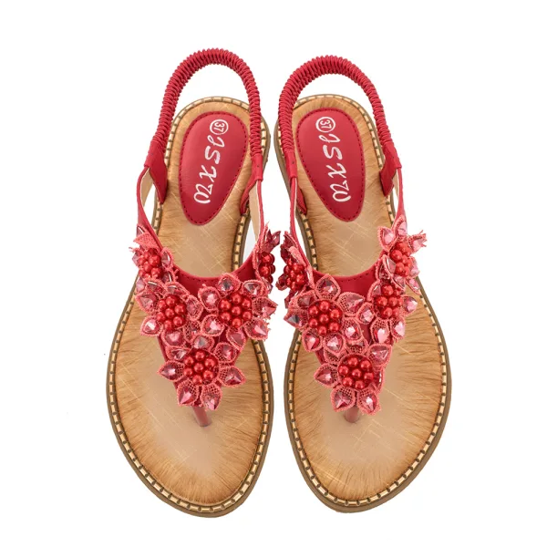 Bohême Chic / Belle Beige Désinvolte Cristal Pantoufle & Tongs 2020 En Dentelle Fleur Perle Plat Chaussures Femmes