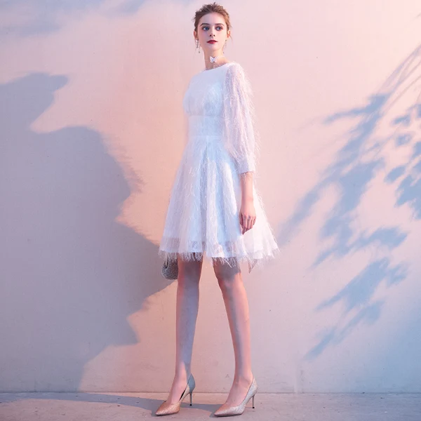 Elegante Ivory / Creme Heimkehr Quaste Abiballkleider 2020 A Linie Rundhalsausschnitt 3/4 Ärmel Schleife Kurze Festliche Kleider