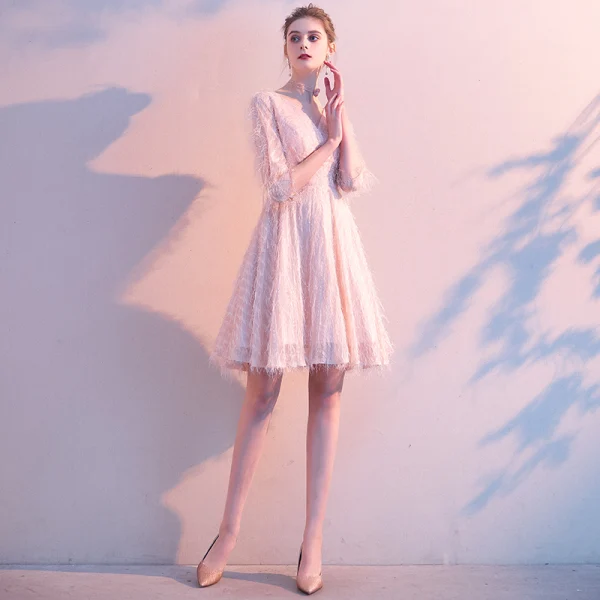 Chic / Beautiful Blushing Pink Homecoming Tassel Graduation Dresses 2020 A-Line / Princess V-Neck 1/2 Sleeves Backless Short Formal Dresses