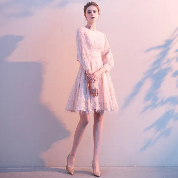 Fashion Blushing Pink Homecoming Tassel Graduation Dresses 2020 A-Line / Princess Scoop Neck Bow 3/4 Sleeve Short Formal Dresses