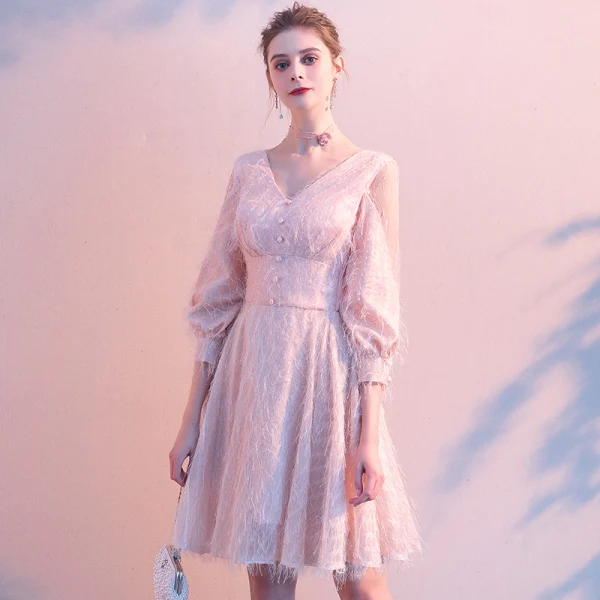 Chic / Beautiful Blushing Pink Homecoming Graduation Dresses 2020 A-Line / Princess V-Neck Tassel 3/4 Sleeve Short Formal Dresses