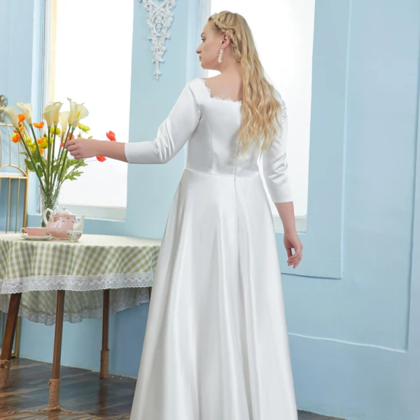 Schlicht Ivory / Creme Satin Übergröße Brautkleider / Hochzeitskleider 2021 A Linie Eckiger Ausschnitt 3/4 Ärmel Lange Hochzeit