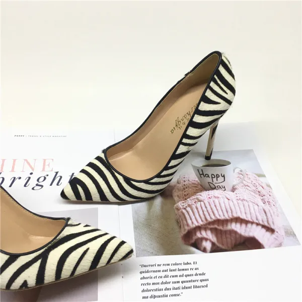 Chic / Beautiful Black White Zebra Pattern Street Wear Pumps 2020 10 cm Stiletto Heels Pointed Toe Pumps