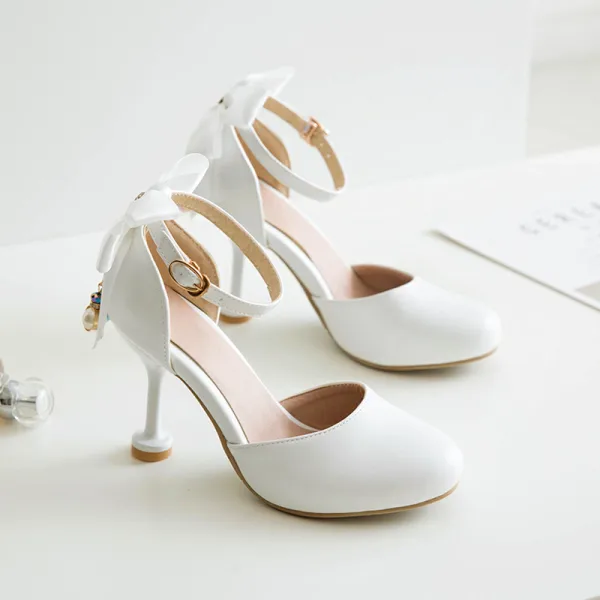 Lovely Candy Pink Dating Womens Shoes 2020 Pearl Bow Ankle Strap Round Toe 9 cm Stiletto Heels Heels