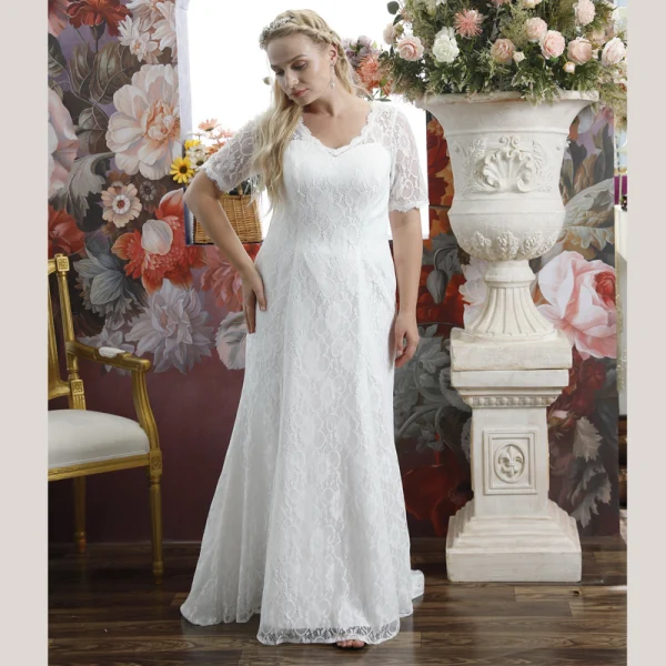 Chic / Beautiful Ivory Lace Flower Plus Size Wedding Dresses 2021 Trumpet / Mermaid V-Neck Short Sleeve Floor-Length / Long Wedding