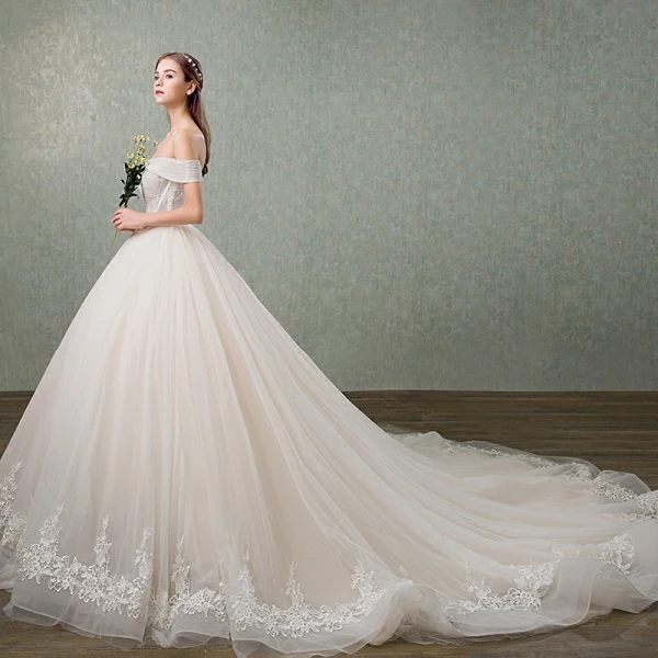 Elegant Champagne Wedding Dresses 2018 Ball Gown Lace Flower Bow Sequins Off-The-Shoulder Backless Sleeveless Cathedral Train Wedding