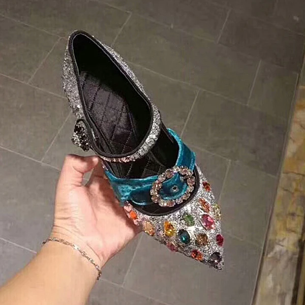 Fantaisie Scintillantes Argenté Paillettes Escarpins 2020 Désinvolte Cuir Cristal Daim 9 cm Talons Épais À Bout Pointu Escarpins