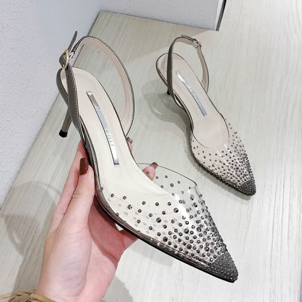 Schöne Grau Freizeit Damenschuhe 2020 Strass 6 cm Stilettos Spitzschuh High Heels