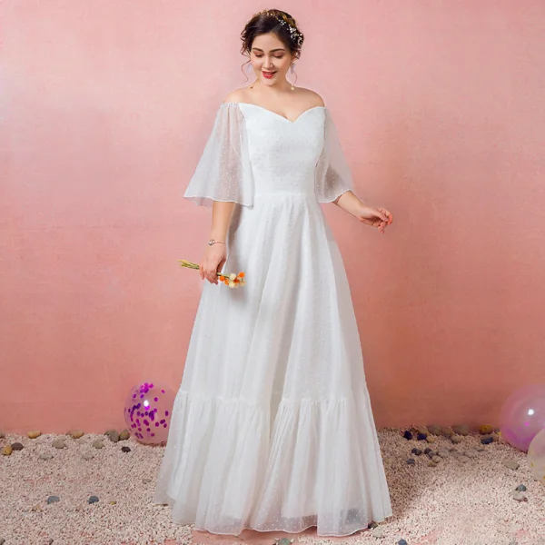 Modest / Simple White Plus Size Wedding Dresses 2021 A-Line / Princess Off-The-Shoulder 1/2 Sleeves Backless Floor-Length / Long Wedding