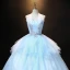 Élégant Bleu Ciel Robe De Bal 2021 Robe Boule Bretelles Spaghetti Perle Faux Diamant En Dentelle Fleur Sans Manches Dos Nu Longue Promo Robe De Ceremonie