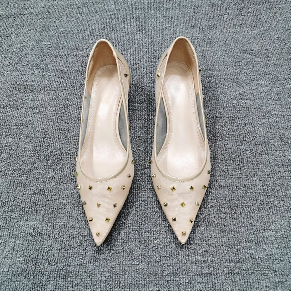 Chic / Beautiful Beige Casual Tulle Pumps 2020 Rivet 4 cm Stiletto Heels Low Heel Pointed Toe Pumps