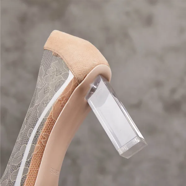 Transparent Beige Abend Pumps 2020 Leder Spitze 6 cm Kristall Thick Heels Spitzschuh Pumps