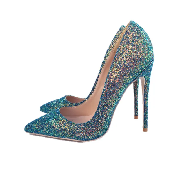 Glitzernden Grün Abend Pumps 2020 Glanz Pailletten 12 cm Stilettos Spitzschuh Pumps