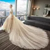Chic / Beautiful Champagne Wedding Dresses 2018 Ball Gown Glitter Off-The-Shoulder Backless Sleeveless Royal Train Wedding