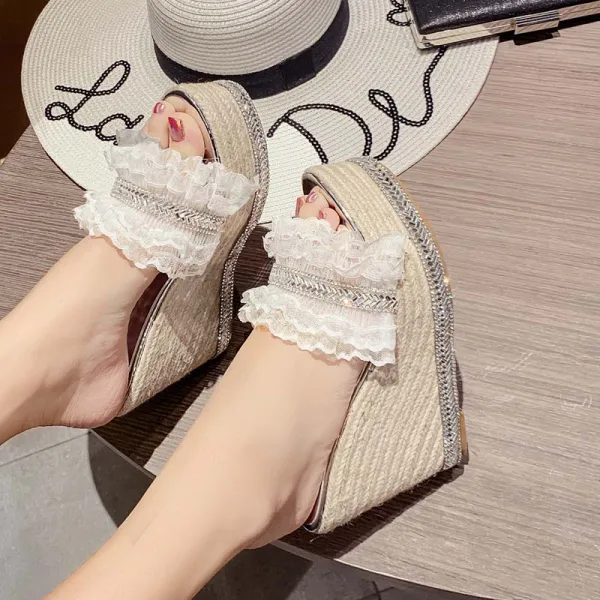 Chic / Beautiful Gold Beach Womens Sandals 2020 Lace Rhinestone 11 cm Wedges Open / Peep Toe Sandals