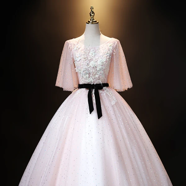 Elegant Blushing Pink Pearl Rhinestone Lace Flower Prom Dresses Ball Gown Backless 2021 Scoop Neck Bow Sash 1/2 Sleeves Floor-Length / Long Prom Formal Dresses