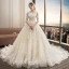 Chic / Belle Champagne Robe De Mariée 2018 Robe Boule En Dentelle Appliques Paillettes V-Cou Dos Nu 1/2 Manches Cathedral Train Mariage