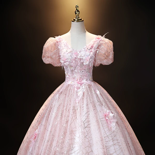 Vintage / Originale Rougissant Rose Perle Paillettes En Dentelle Fleur Robe De Bal Robe Boule 2021 V-Cou Gonflée Manches Courtes Dos Nu Longue Promo Robe De Ceremonie