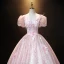 Vintage / Originale Rougissant Rose Perle Paillettes En Dentelle Fleur Robe De Bal Robe Boule 2021 V-Cou Gonflée Manches Courtes Dos Nu Longue Promo Robe De Ceremonie