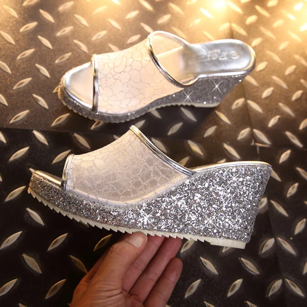 Sparkly Gold Summer Evening Party Womens Sandals 2020 Glitter Sequins 9 cm Wedges Open / Peep Toe Sandals