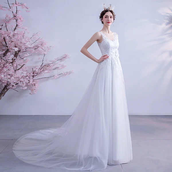 Abordable Blanche Robe De Mariée 2020 Princesse V-Cou Faux Diamant En Dentelle Fleur Appliques Sans Manches Dos Nu Tribunal Train