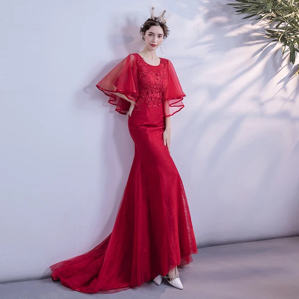 Chic / Beautiful Burgundy Evening Dresses 2020 Trumpet / Mermaid Scoop Neck Beading Sequins Lace Flower 1/2 Sleeves Backless Sweep Train Formal Dresses