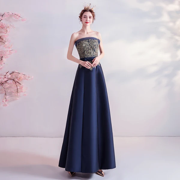 Vintage Marineblau Abendkleider 2020 A Linie Bandeau Strass Spitze Blumen Schleife Ärmellos Rückenfreies Lange Festliche Kleider