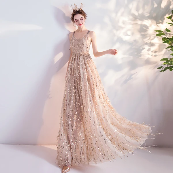 Fashion Gold Evening Dresses 2020 A-Line / Princess Spaghetti Straps Sequins Tassel Sleeveless Backless Floor-Length / Long Formal Dresses
