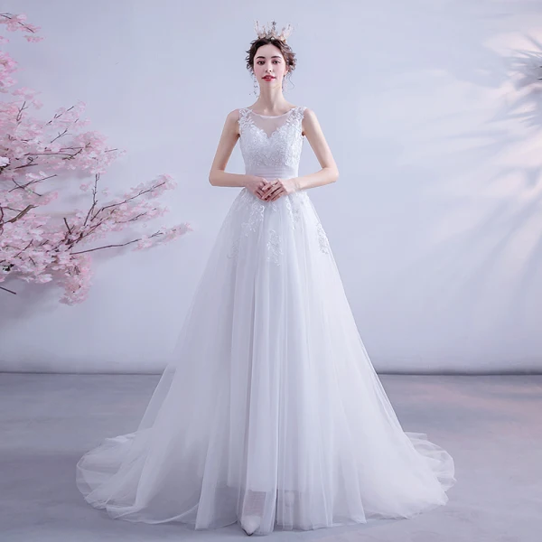 Abordable Blanche Robe De Mariée 2020 Princesse Encolure Dégagée En Dentelle Fleur Sans Manches Dos Nu Tribunal Train