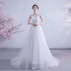 Affordable White Wedding Dresses 2020 A-Line / Princess Scoop Neck Lace Flower Sleeveless Backless Court Train