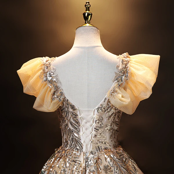 Sparkly Gold Sequins Prom Dresses 2021 Ball Gown V-Neck Lace Flower Rhinestone Ruffle Short Sleeve Backless Floor-Length / Long Prom Formal Dresses