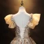 Sparkly Gold Sequins Prom Dresses 2021 Ball Gown V-Neck Lace Flower Rhinestone Ruffle Short Sleeve Backless Floor-Length / Long Prom Formal Dresses