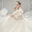 Modern / Fashion Champagne Wedding Dresses 2018 Ball Gown Lace Appliques Embroidered V-Neck Backless Short Sleeve Chapel Train Wedding