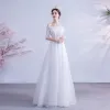 Affordable White Wedding Dresses 2020 A-Line / Princess Off-The-Shoulder Lace Flower 1/2 Sleeves Backless Floor-Length / Long Wedding