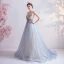 Charmant Bleu Ciel Robe De Bal 2020 Princesse Bretelles Spaghetti Perlage Perle Faux Diamant En Dentelle Fleur Sans Manches Dos Nu Train De Balayage Robe De Ceremonie